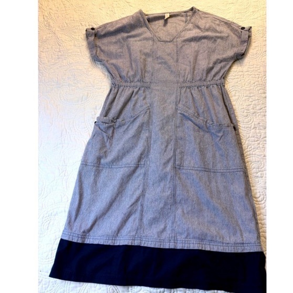 Love Hanna Dress Womens Medium Blue Stripe Coastal 100% Cotton Pocket V-Neck